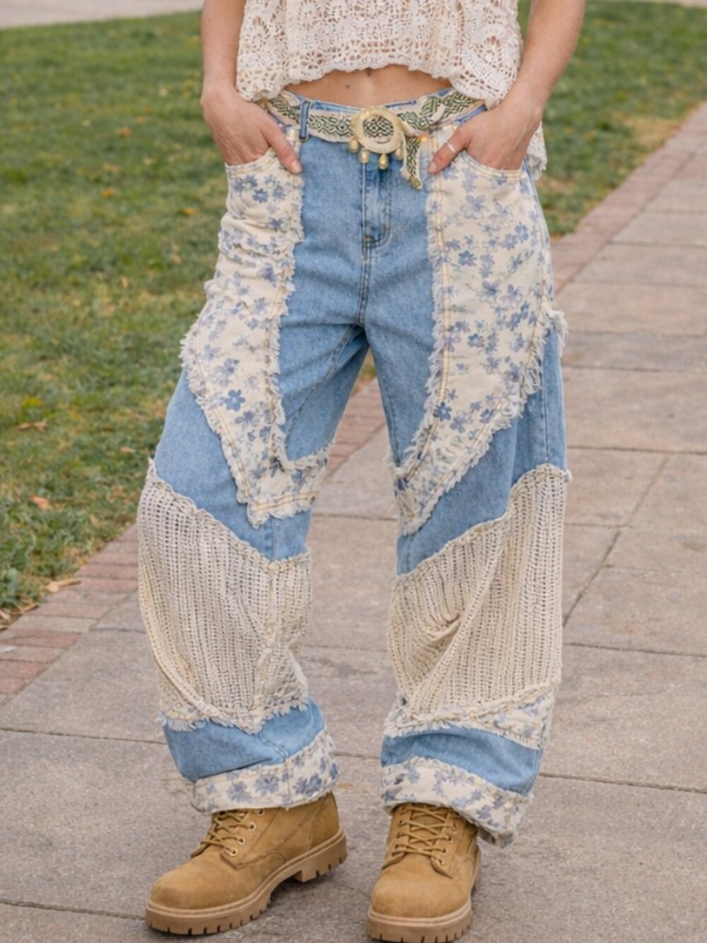 POL Boho Hippie Floral Patchwork Super Baggy All Cotton Faded Denim Frayed Jeans